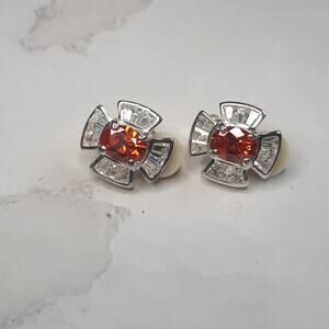 Gold Tone Clip Button Earrings Clear & Orange Crystals